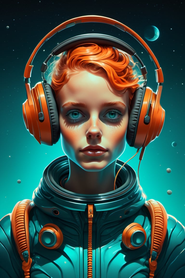 illustration of a young alien girl in spacesuit with headphones, in the style of cyril rolando, shwedoff, psychedelic artwork, shot on 70mm, raymond swanland, dark teal and dark orange, loose and fluid, 