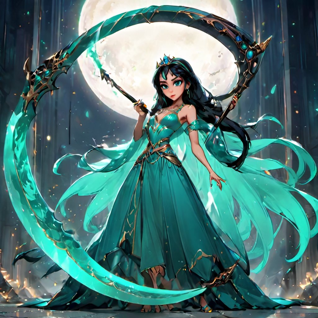 Ultra Realistic, cinematic lights, glam pose, chill,princess gown, Ultra Realistic princess , Jasmine, , Wielding a emerald crescent scythe ,manga disney pixar style