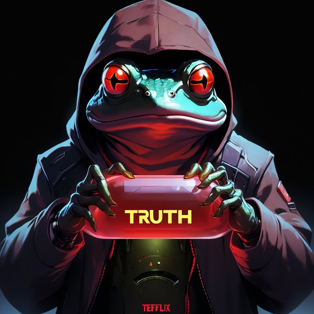 a cyberpunk frog wearing a hoodie and holding a giant pill capsule with the word "truth" on it, official artwork, hidden truth, profile picture, death + robots series of netflix, album art, toad philosopher the thinker, dark background, soft red illumination, 