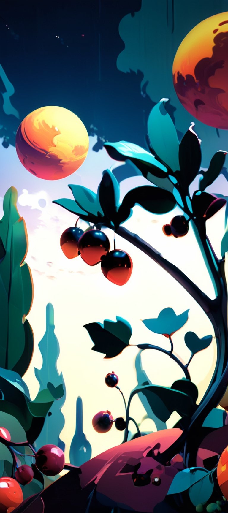 Amazing another planet plants and berries wallpaper, vibrant colors, simple, 3d soft gum shapes, harmony, sunny mood, ((minimalistic)), abstract, high quality, vector, clarity, subsurface scattering, volete sky, detail XL, cyberspace, DonMCyb3rSp4c3XL, gloomy, 