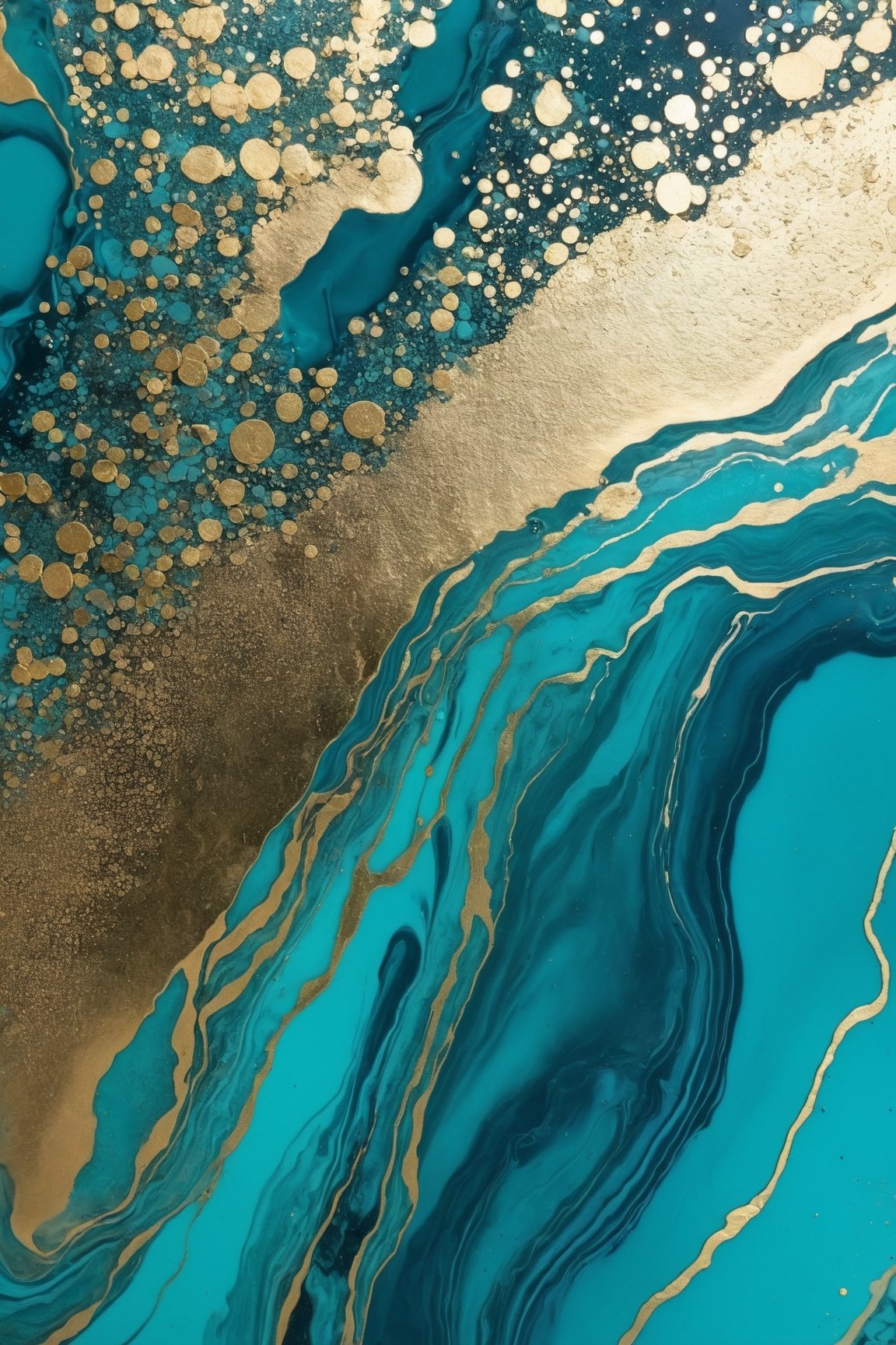 marbling, teal and blue shades, gold liquid