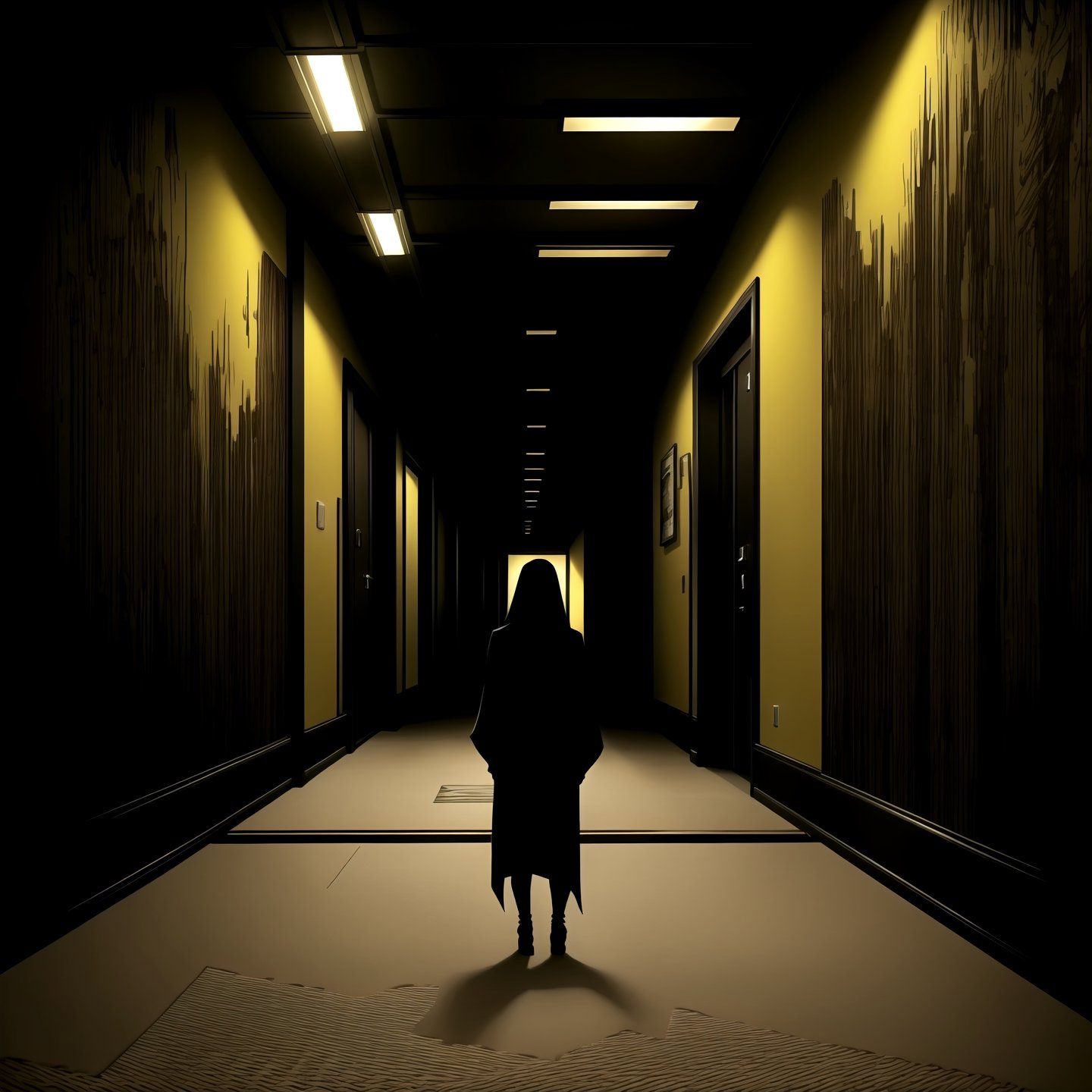 8k, high resolution, hdr, intricate details, realistic, darkness, an award-winning photograph of an eerily empty hallway, yellow walls and carpet, fluorescent lights, dark shadows, transitional space, liminal space, intense feeling of impending doom and dread, gothicpunk, gothiccore, 