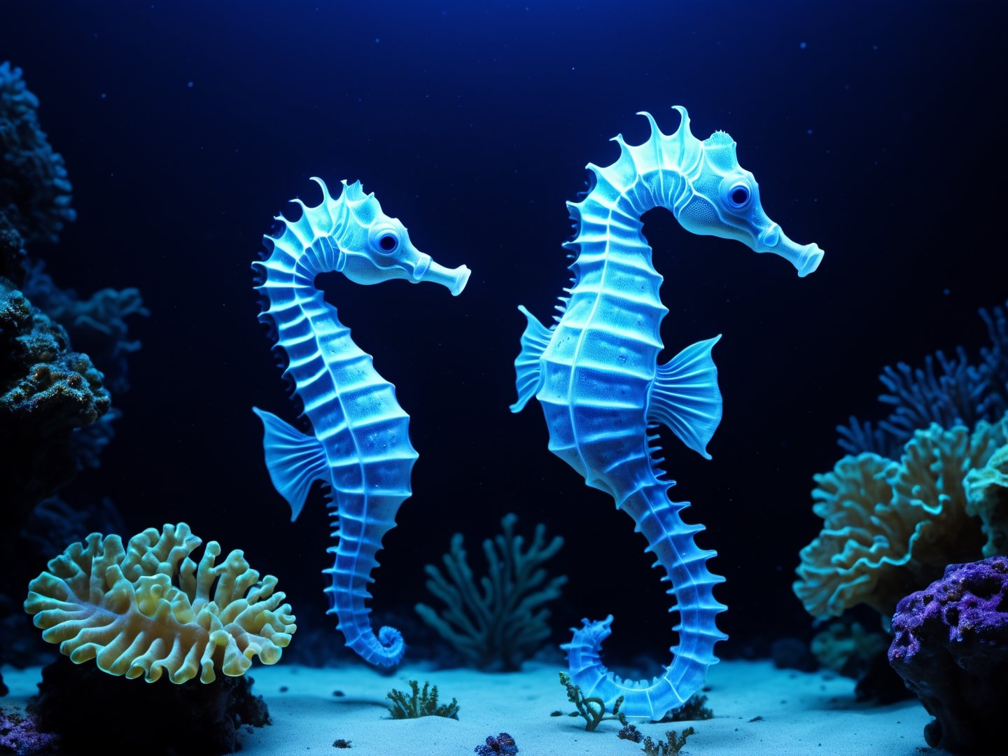 best quality, masterpiece, 8k, ultra detailed, ultra realistic, seahorse glowing in blacklight, cinematic, Movie Still, high resolution, hyperrealistic photography, photorealistic, professional photography, underwater landscape