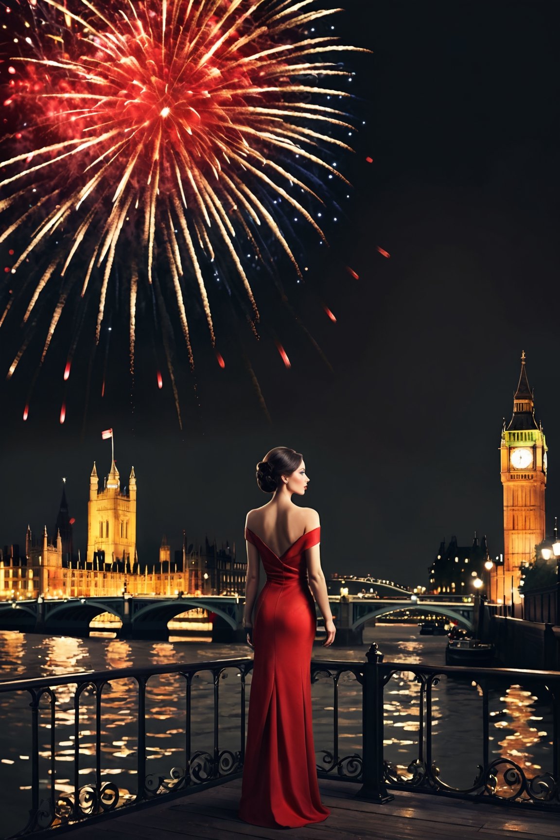 luxurious classy woman black, red and gold colors, background: nighttime fireworks over the River Thames, 