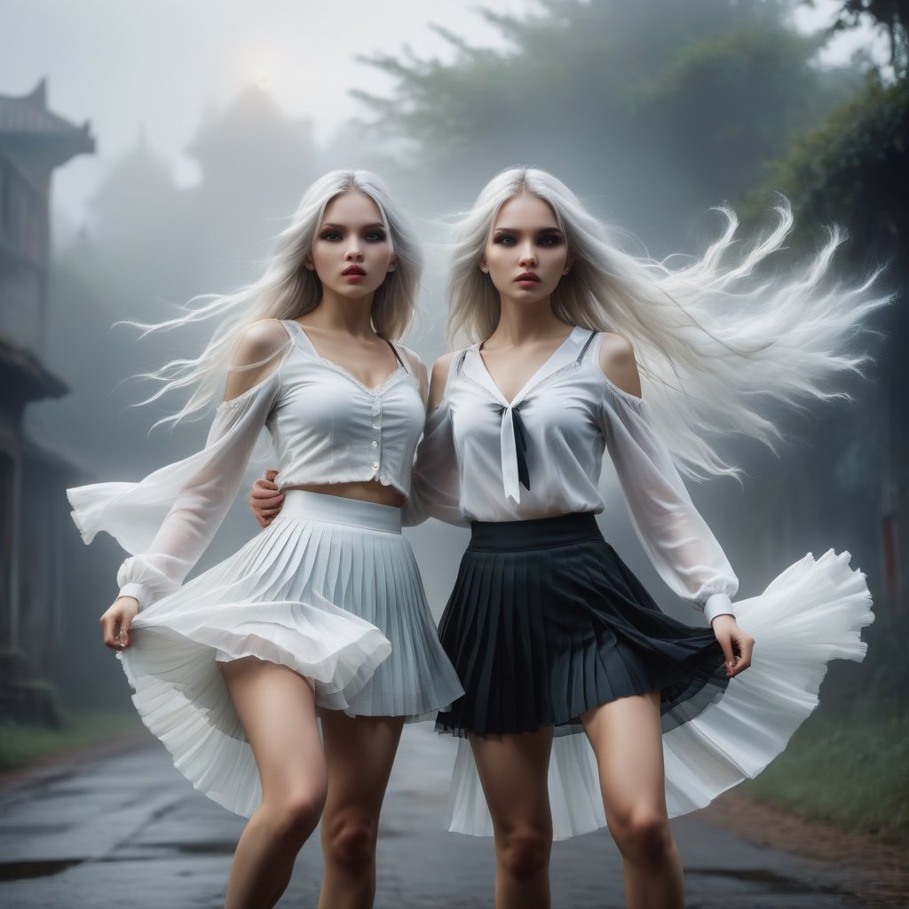 (cinematic, subdued colors, low contrast, contour light, soft light, high field depth, Canon eos 5d mark,  f1.2, 85mm, 1/200s, iso100, high octane, unreal engine 5), two European twin girls stand with long white hair in a pleated mini skirt, (one arm up, arm extended, pointing at camera:1.3), white shirt and black tie, (wide open eyes:1.3), (open mouth, dropped jaw), at Academy, Darkness and fog all around, epic background, gorgeous realism, moody design, hyper detail, cinematic, insane details, Extremely Realistic, 