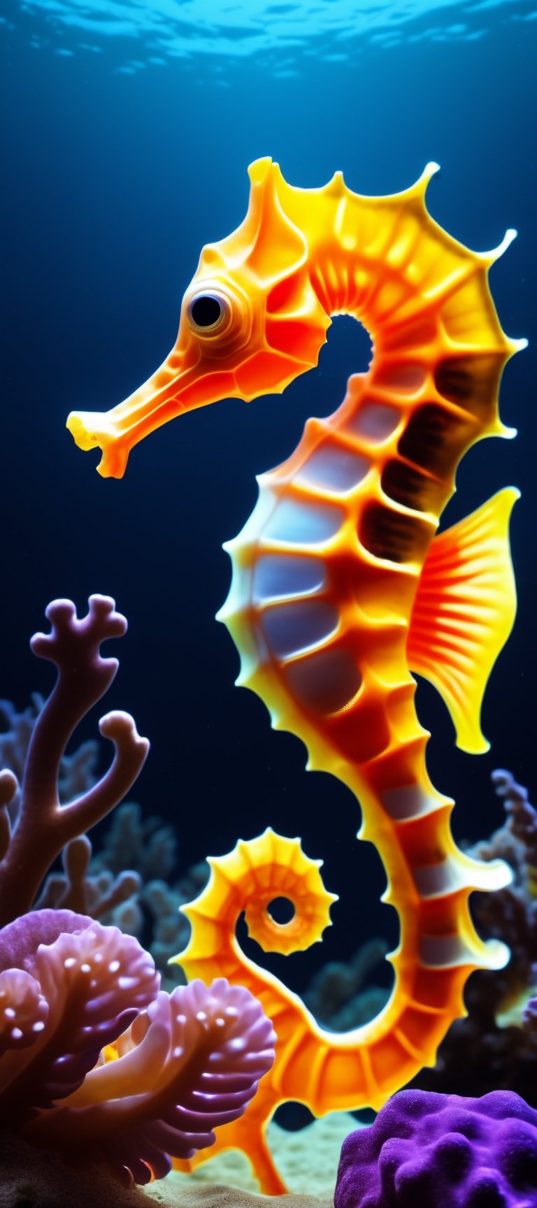 best quality, masterpiece, 8k, ultra detailed, ultra realistic, seahorse glowing in blacklight, cinematic, Movie Still, high resolution, hyperrealistic photography, photorealistic, professional photography, underwater landscape