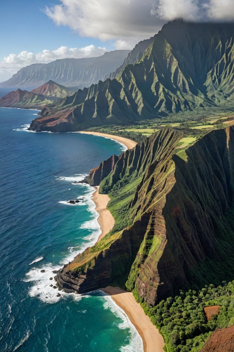 subsurface scattering, Photorealistic, Hyperrealistic, analog style, realistic, film photography, dynamic lighting, HDR, 8k, 
BREAK
Nā Pali Coast, located on the northern shore of the island of Kauai in the Hawaiian Islands, is one of the most jaw-dropping photography places on the world. The jagged ridges and valleys of this stunning coastline make up the second tallest sea cliffs in the world, towering over 4,000 feet tall.