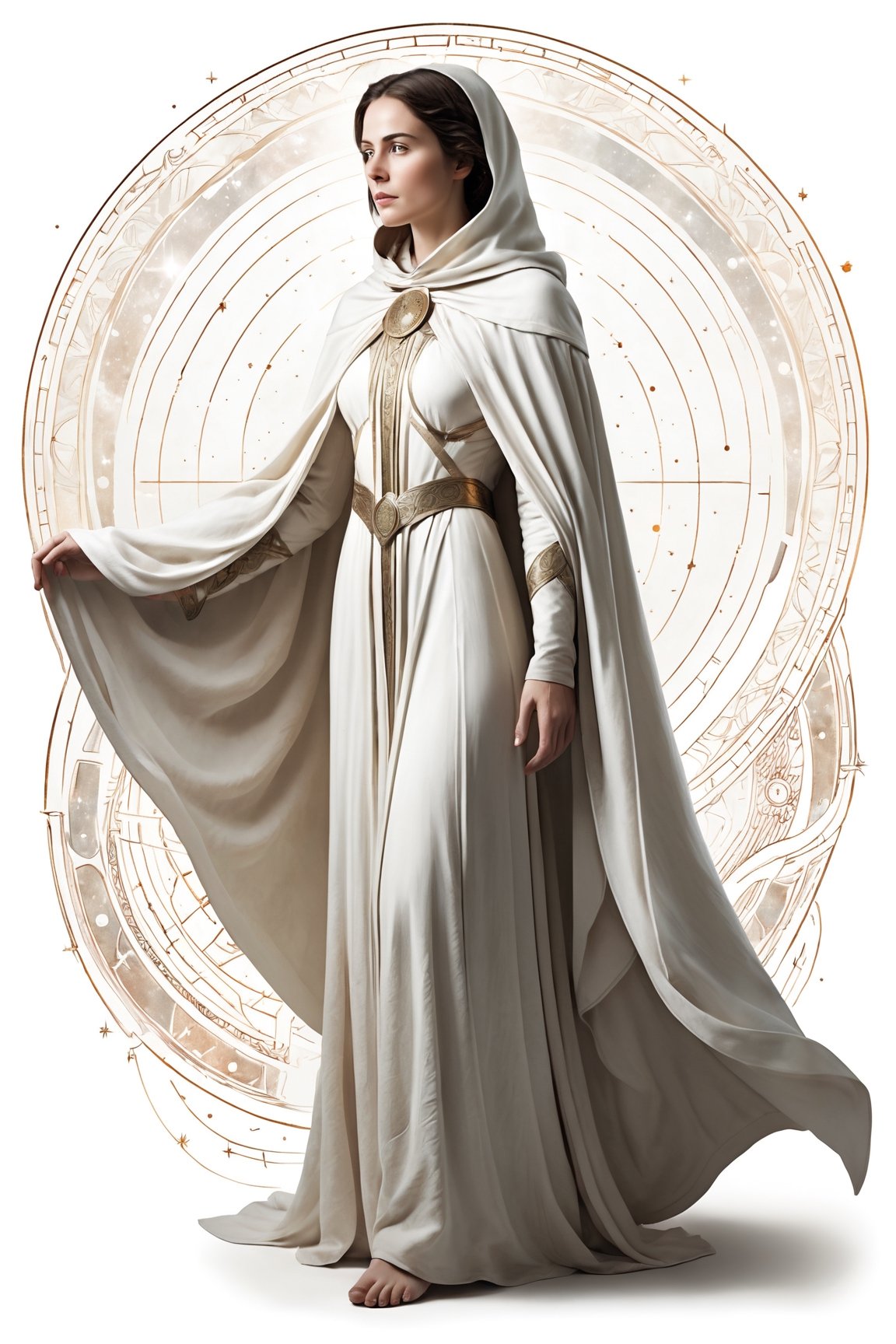 Create an image in a style of ancient engraving illustration, the composition showcases a full-body, distinctly feminine figure, facing forward, against a solid white background. She is elegantly draped in a white cloak, with her face obscured. Her right arm is distinctly raised, pulling back the cloak to dramatically reveal the universe beneath, showcasing stars and celestial wonders. The entire figure, from head to toe, is visible without being cut off, focusing on the asymmetrical reveal of the universe beneath the cloak and celestial wonders