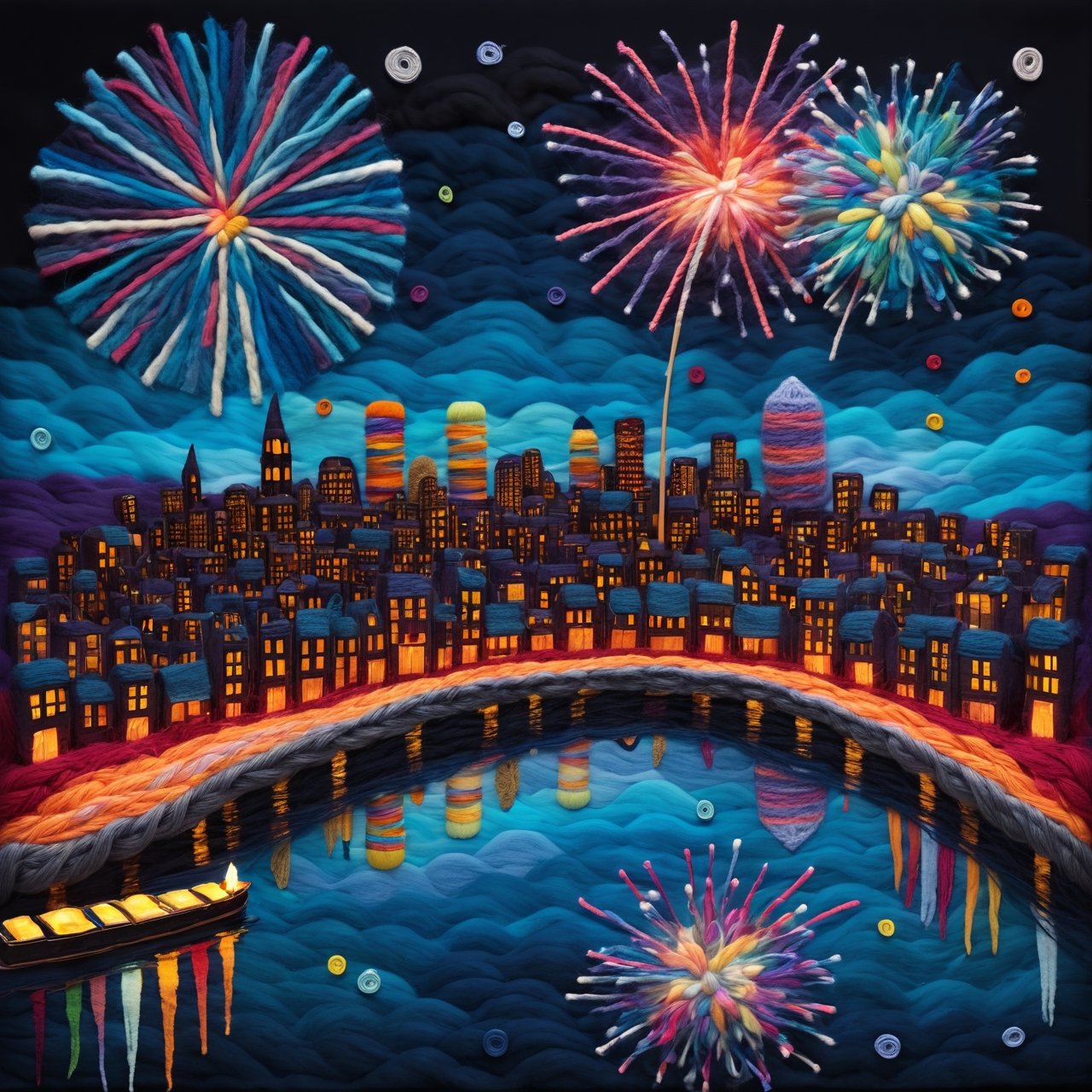 night skyline over a city of yarn, felt and knitting yarn fireworks, creative, imagination, surrealism, 