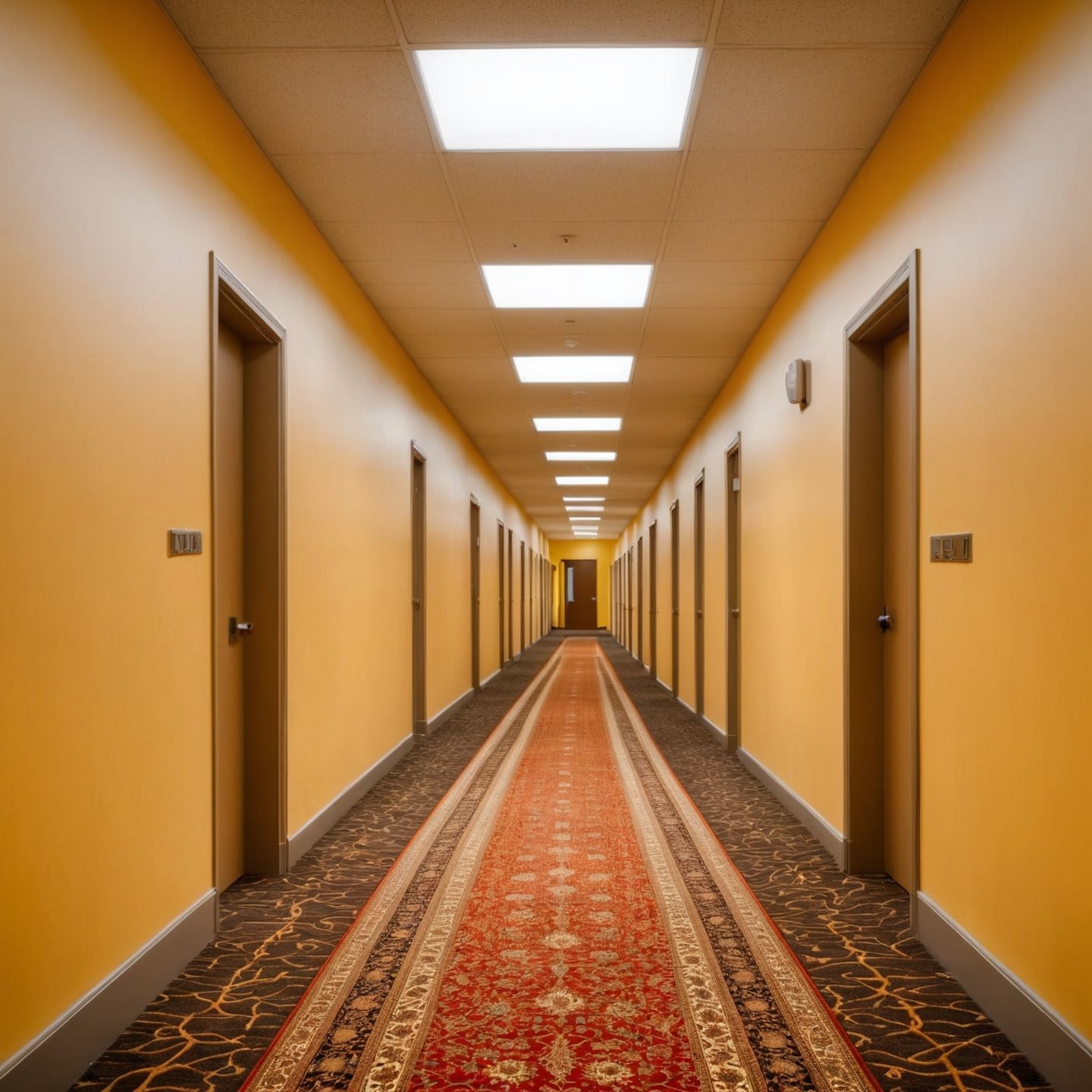 8k, high resolution, hdr, intricate details, realistic, an award-winning photograph of an eerily empty hallway, yellow walls and carpet, fluorescent lights, transitional space, liminal space, dread