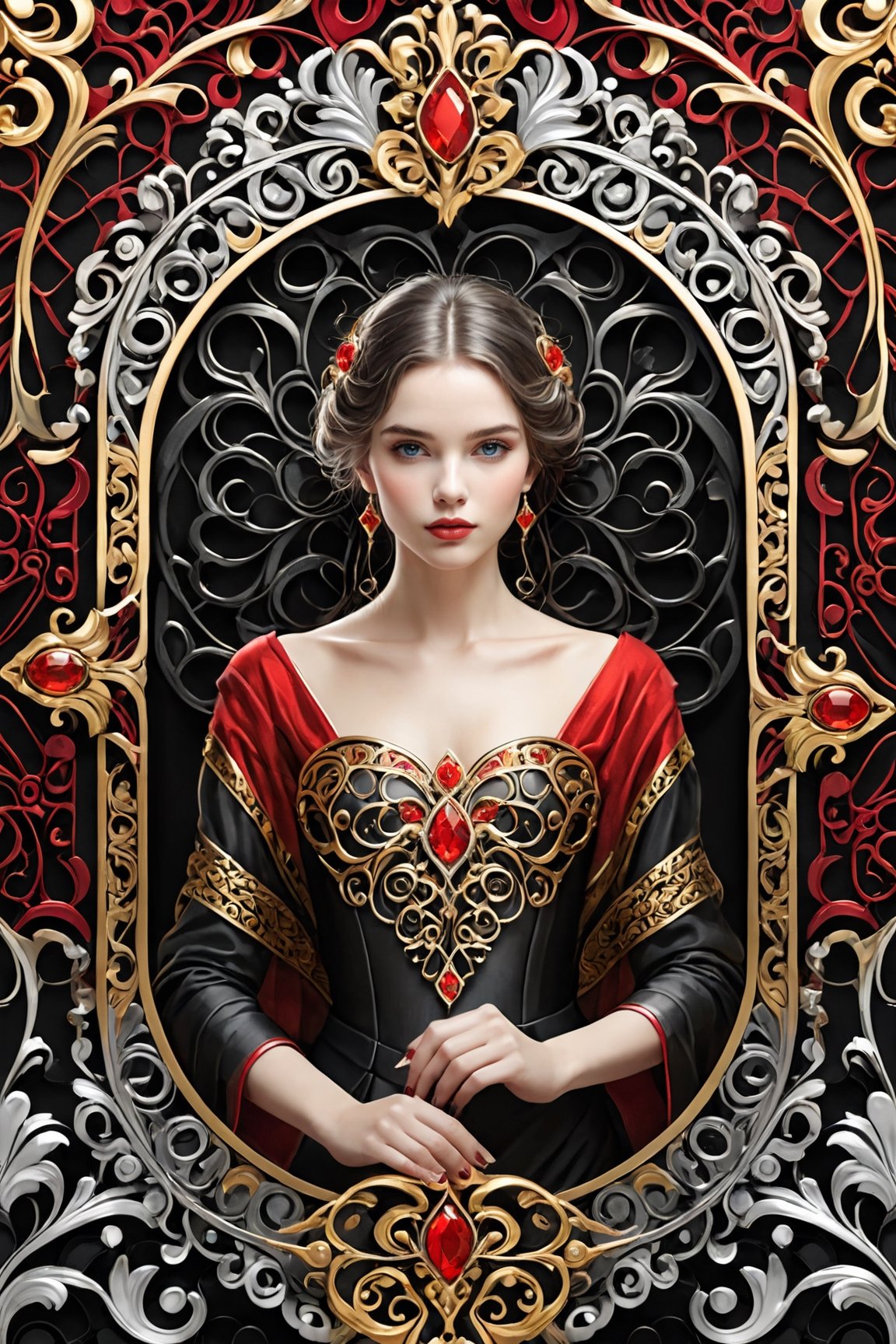 luxurious classy woman black, red and gold colors, background: weaved silver and gold ornate filigree metalwork, 