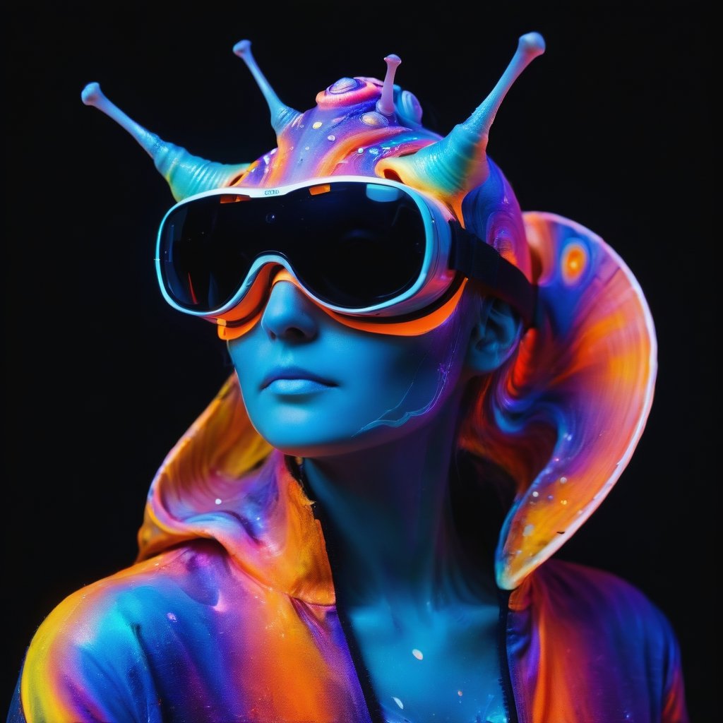 Close up minimalist photo of snail wearing VR headset, snail shell paint with fluorescent colors, cartoon, manga style, dark background, blacklight lighting,bl4ckl1ghtxl