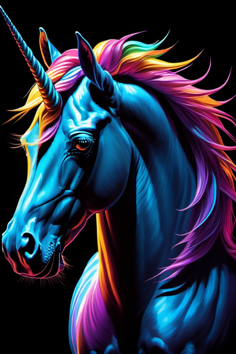 unicorn drawing with colorful details, in the style of realistic chiaroscuro lighting, illustration, dark palette, electric color schemes, playful yet dark, airbrush art, 8k resolution, Cinematic
