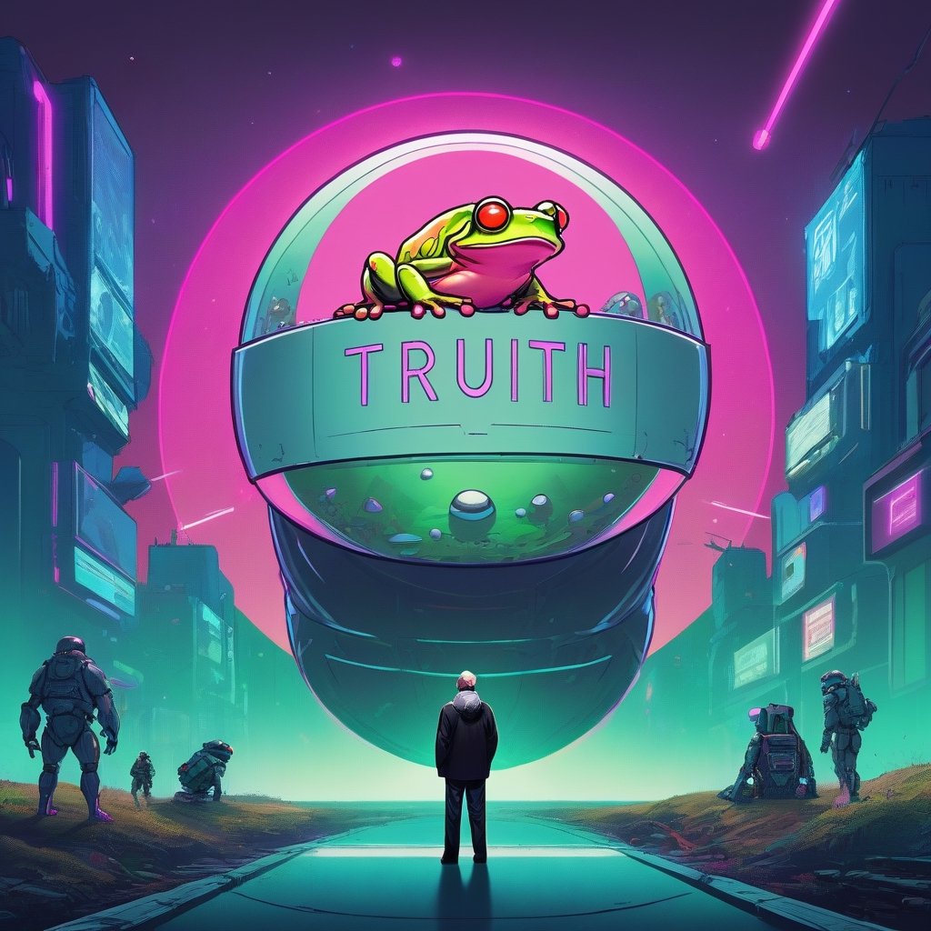 a man holding a giant pill with the word truth on it, truth, official artwork, hidden truth, profile picture, cyberpunk frog, the ugly truth, death + robots series of netflix, album art, toad philosopher the thinker, profile image, dmt ego death, alternate album cover, death and robots, artist unknown, truth, profile picture, trump maga, 