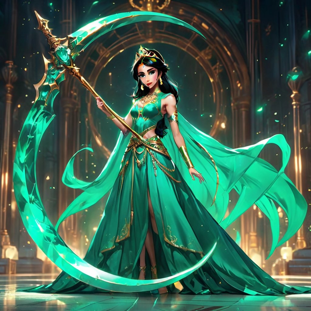 Ultra Realistic, cinematic lights, glam pose, chill,princess gown, Ultra Realistic princess , Jasmine, , Wielding a emerald crescent scythe ,manga disney pixar style