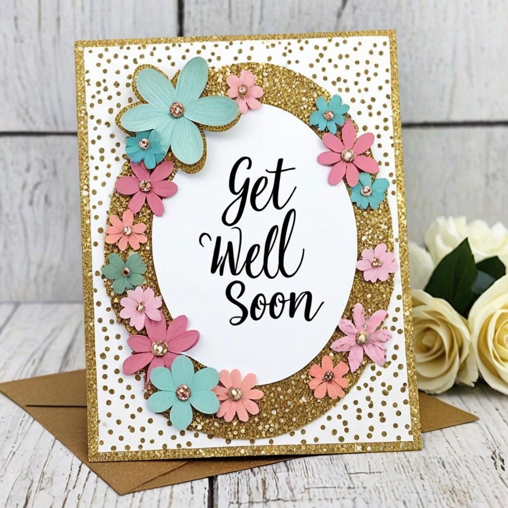 Glitter decorated get well soon card, crafty, creative, scrapbooking idea, 