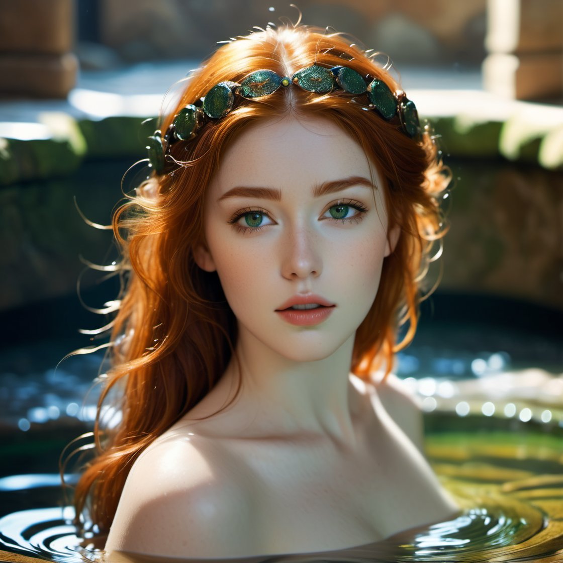 Beautiful and stunning image of the ancient Greek goddess OHWX, full body image, redhead, green eyed, in an Ancient Greek bath house, bathing, Bathing in a hot spring, with ancient Minos dynasty silhouette transparent cotton fabrics, The style should be a fusion of Peter Lippmann's still life compositions, Barry Windsor Smith's intricate linework, Sandro Botticelli's ethereal beauty, and Burne-Jones' romanticism. The redhead's captivating gaze draws the viewer in, her beauty so striking that it's almost unbelievable. The medium should be digital photography, capturing the photorealistic detail and texture of the oil painting. The composition should be a close-up shot, taken with a high-resolution 16k camera, using a 50mm lens for a sharp focus on the redhead, Miki Asai Macro photography, close-up, hyper detailed, trending on artstation, sharp focus, studio photo, intricate details, highly detailed, cinematic, cyborg style