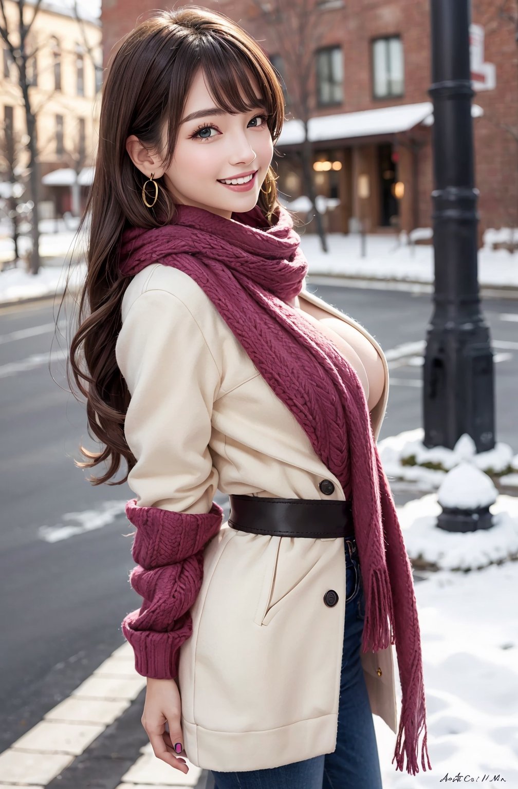 Mr_MC_R-WM_V1, ,1girl, brown hair, looking at viewer, long hair, solo, outdoors, blurry, scarf, lips, upper body, day, sweater, blurry background, bangs, earrings, closed mouth, winter clothes, jewelry, pink scarf, green eyes, building, long sleeves, depth of field, realistic, winter, coat, full body shot, high heels, (((smiling, open mouth))), juicy lips, Long Eyelashes, (boobs, narrow waist, butt), 
