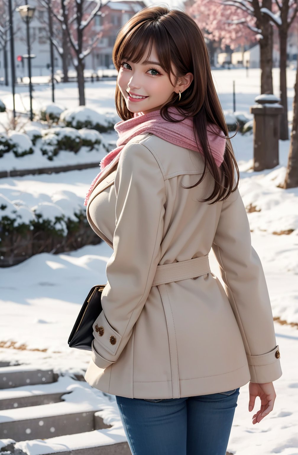 Mr_MC_R-WM_V1, ,1girl, brown hair, looking at viewer, long hair, solo, outdoors, blurry, scarf, lips, upper body, day, sweater, blurry background, bangs, earrings, closed mouth, winter clothes, jewelry, pink scarf, green eyes, building, long sleeves, depth of field, realistic, winter, coat, full body shot, high heels, (((smiling, open mouth))), juicy lips, Long Eyelashes, (boobs, narrow waist, butt), 
