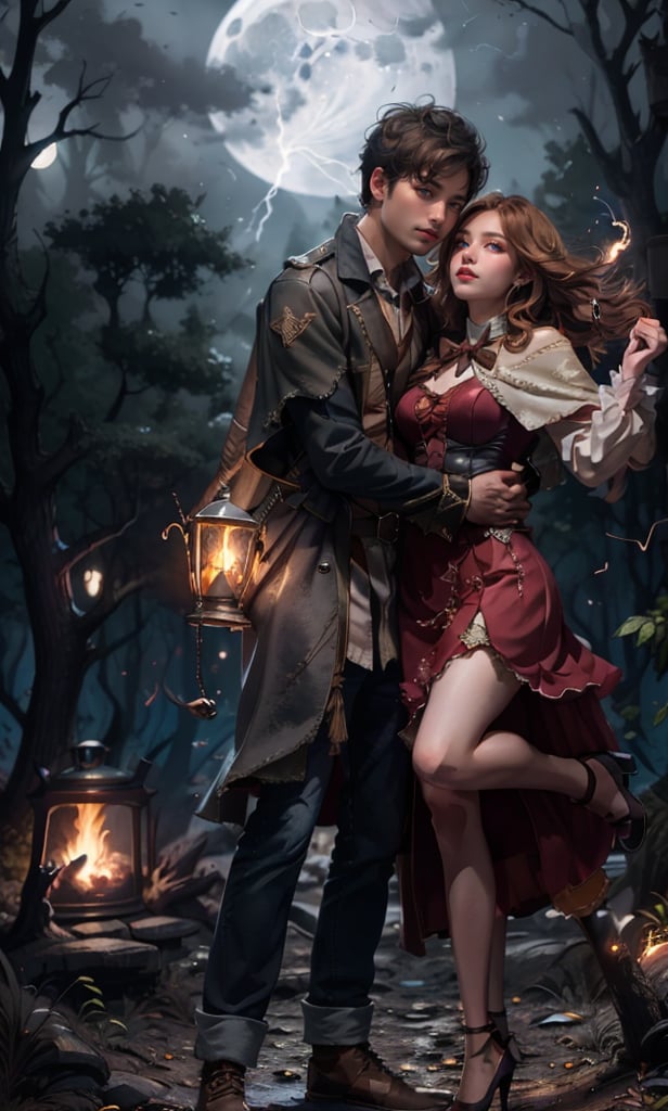 young couple_(romantic), lovers, wizards, dancing circling on bonfire, cast lightning magic, cheerfull face, detailed face, night, under moon ray, lighting sparks, night forest background, wilds magical animals, dynamic lighting,  low key,LuxuriousWheelsCostume,Detailedface,Detailedeyes