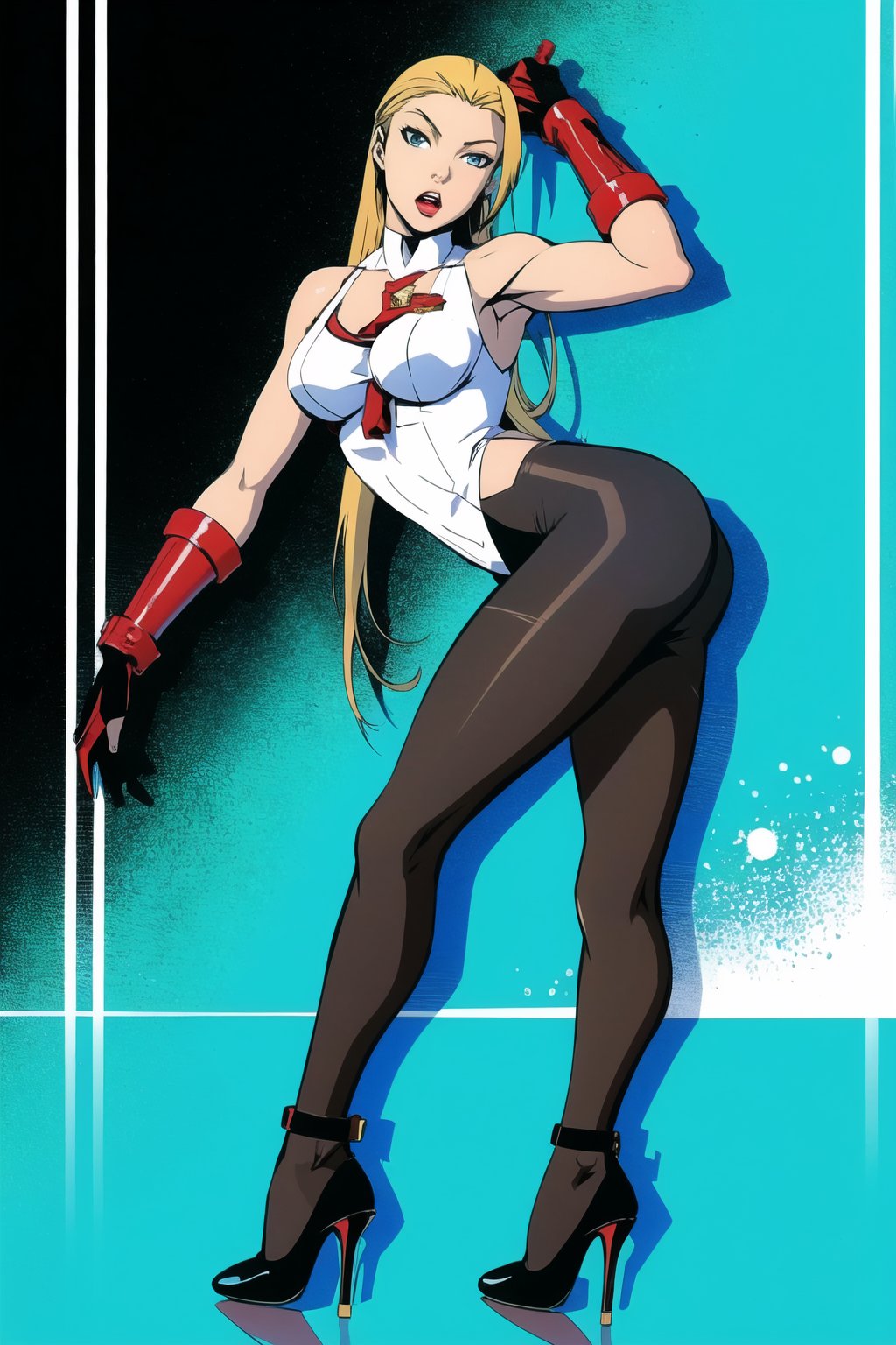 Mai Shiranui, long blond hair, sexy, black pantyhose, black gloves, high heels,