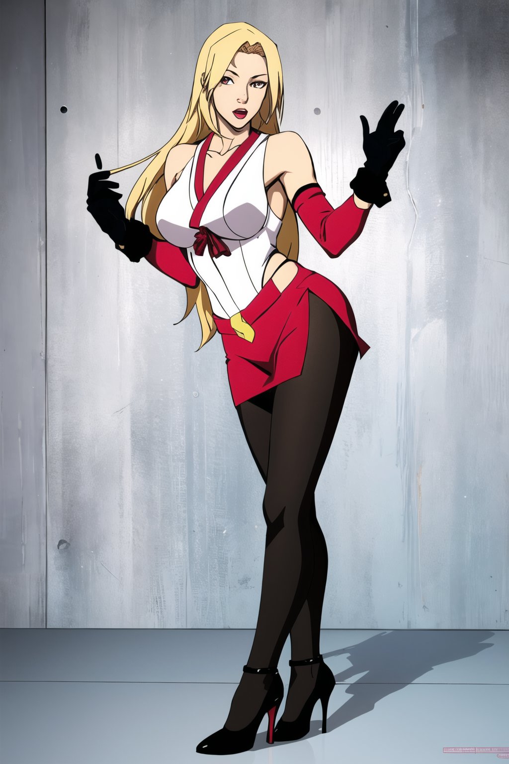 Mai Shiranui, long blond hair, sexy, black pantyhose, black gloves, high heels, pretty face, full body, standing