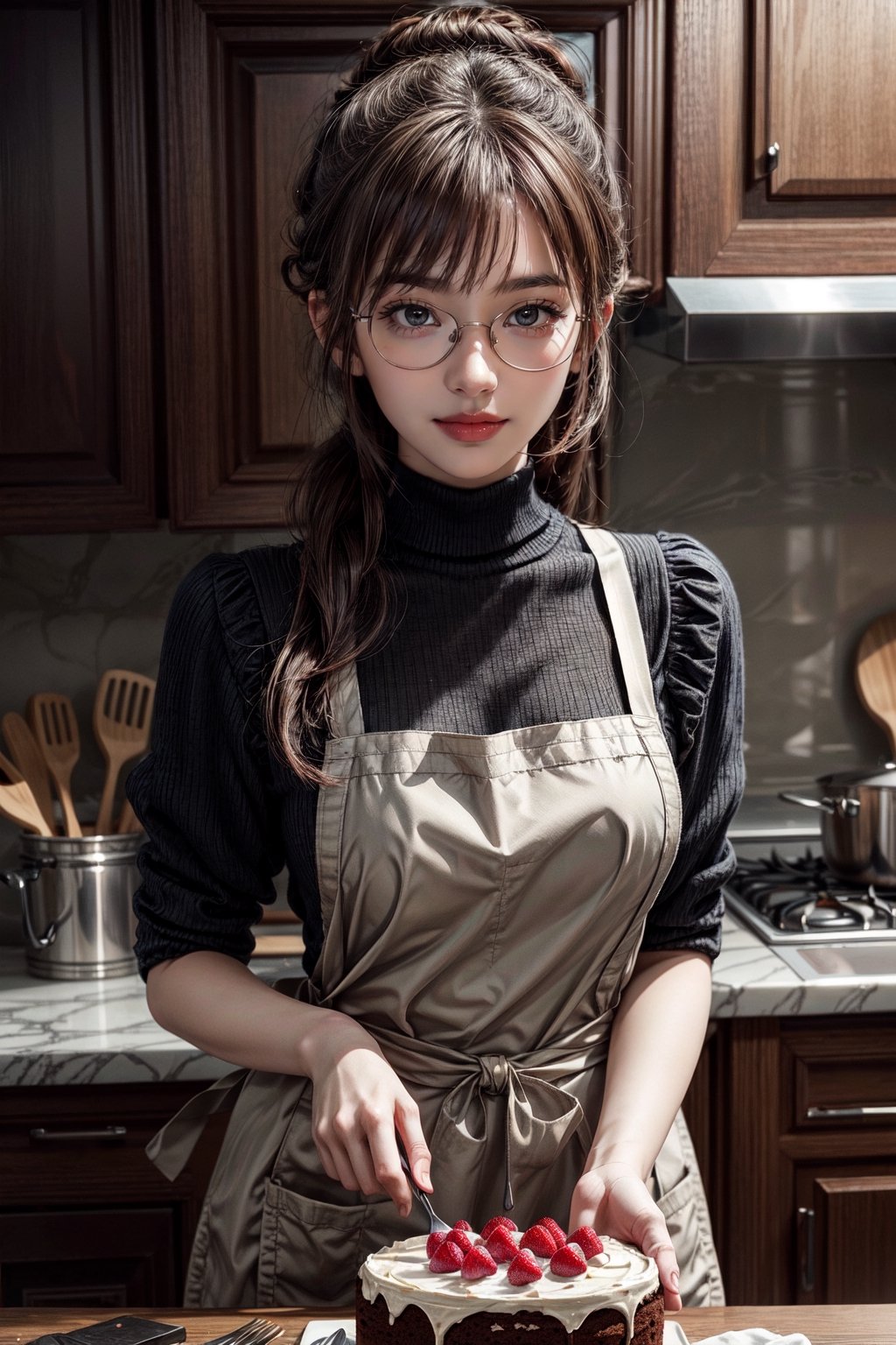 Beautiful realistic anime girl with long brown hair, pulled up in a bun, glasses, wearing an apron, in the kitchen, baking a cake, looking at the camera, light smile, 8k masterpiece, ultra realistic, UHD, highly detailed, best quality