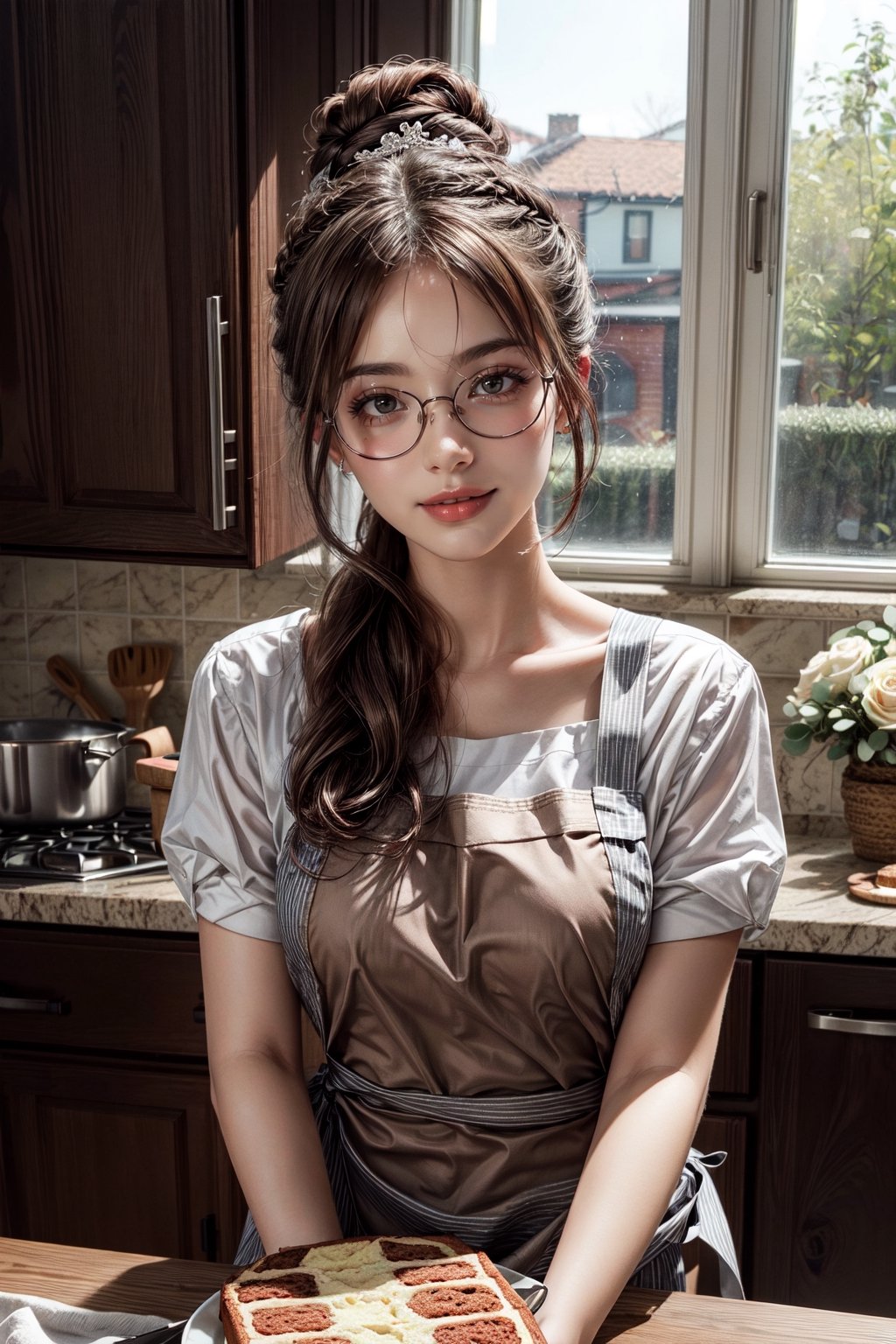 Beautiful girl with long brown hair, pulled up in a bun, glasses, wearing an apron, in the kitchen, baking a beautiful wedding cake, looking at the camera, light smile, 8k masterpiece, ultra realistic, UHD, highly detailed, best quality