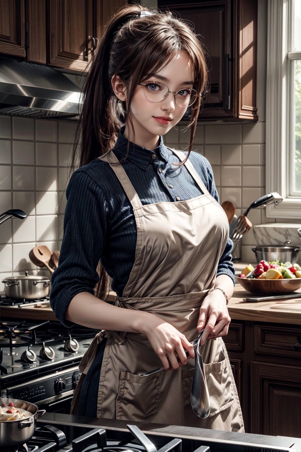 Beautiful realistic anime girl with long brown hair, pulled up in a ponytail, glasses, wearing only an apron, in the kitchen, cooking on the stove, looking at the camera, light smile, 8k masterpiece, ultra realistic, UHD, highly detailed, best quality