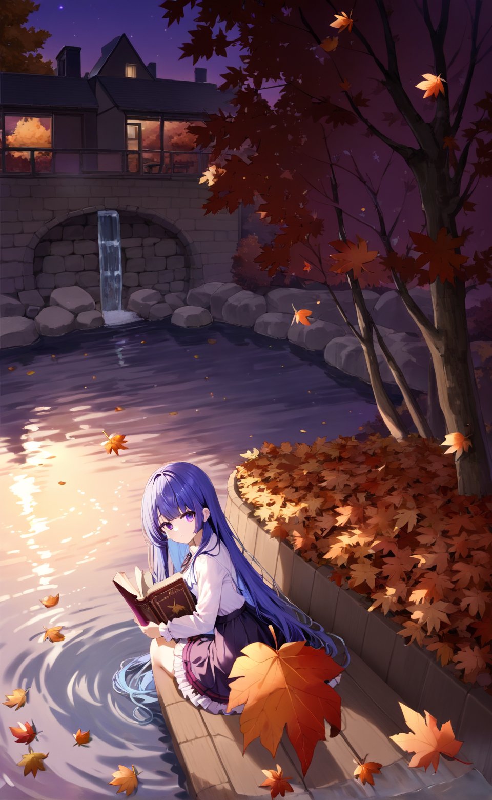 1girl, solo, long hair, looking at viewer, bangs, skirt, shirt, long sleeves, holding, sitting, very long hair, blue hair, purple eyes, white shirt, outdoors, frills, sky, water, tree, book, night, leaf, frilled skirt, holding book, open book, autumn leaves, maple leaf, soaking feet, autumn