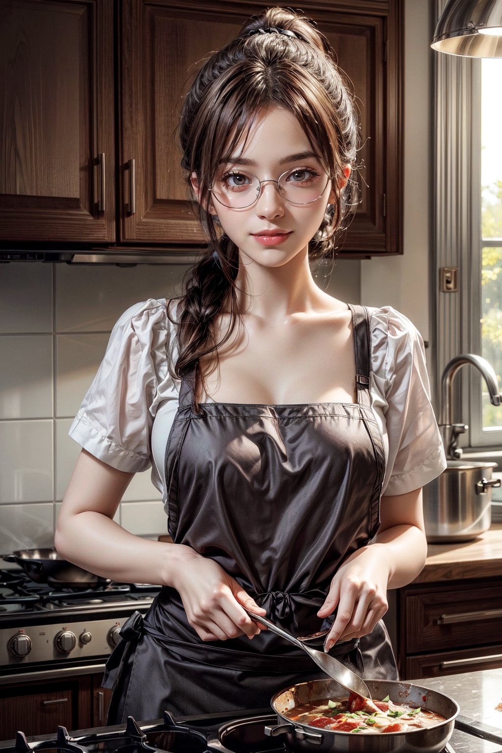 Beautiful realistic anime girl with long brown hair, pulled up in a ponytail, glasses, wearing an apron, bra, and panties, in the kitchen, cooking on the stove, looking at the camera, light smile, 8k masterpiece, ultra realistic, UHD, highly detailed, best quality