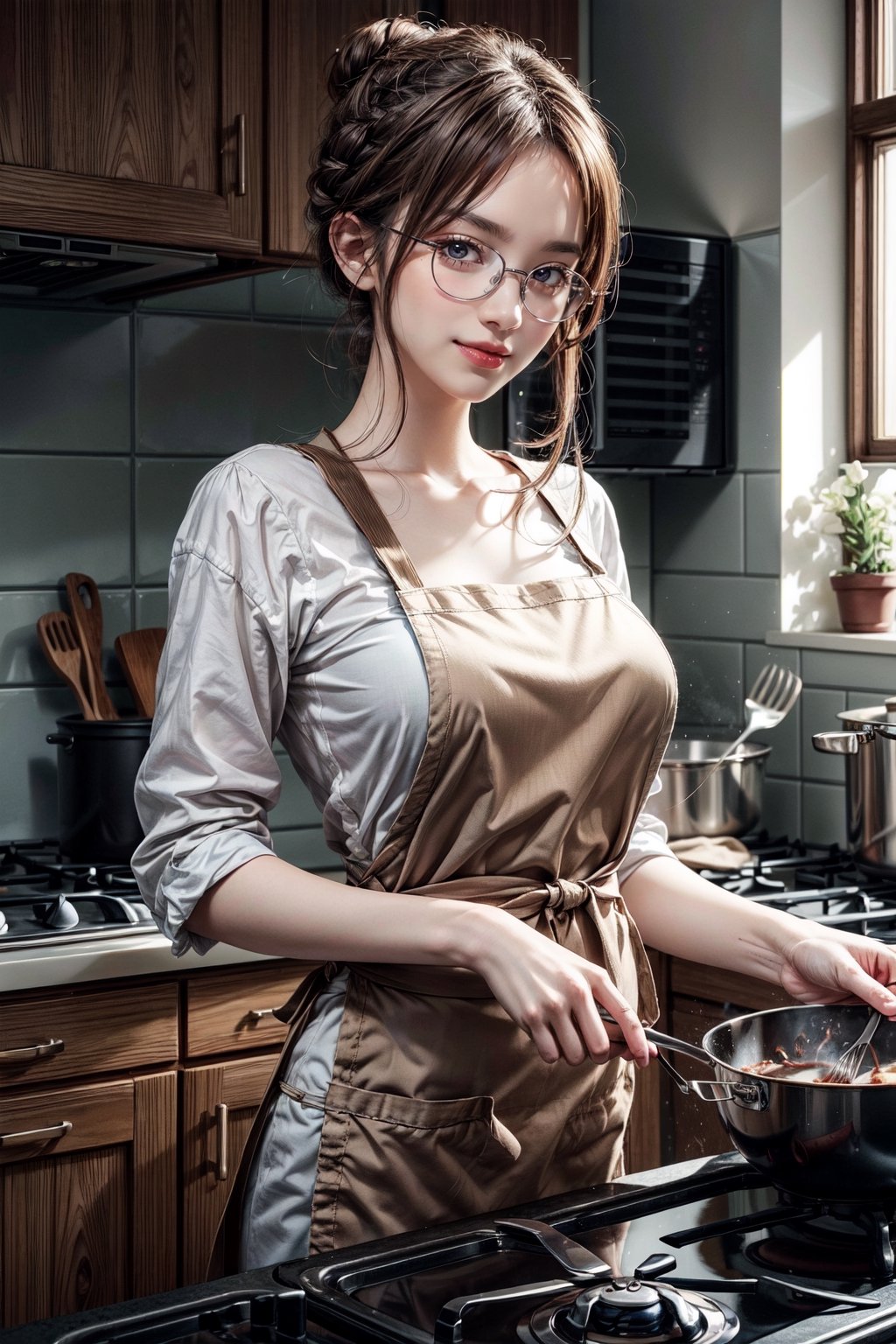 Beautiful realistic anime girl with long brown hair, pulled up in a bun, glasses, wearing an apron, in the kitchen, cooking on the stove, looking at the camera, light smile, 8k masterpiece, ultra realistic, UHD, highly detailed, best quality