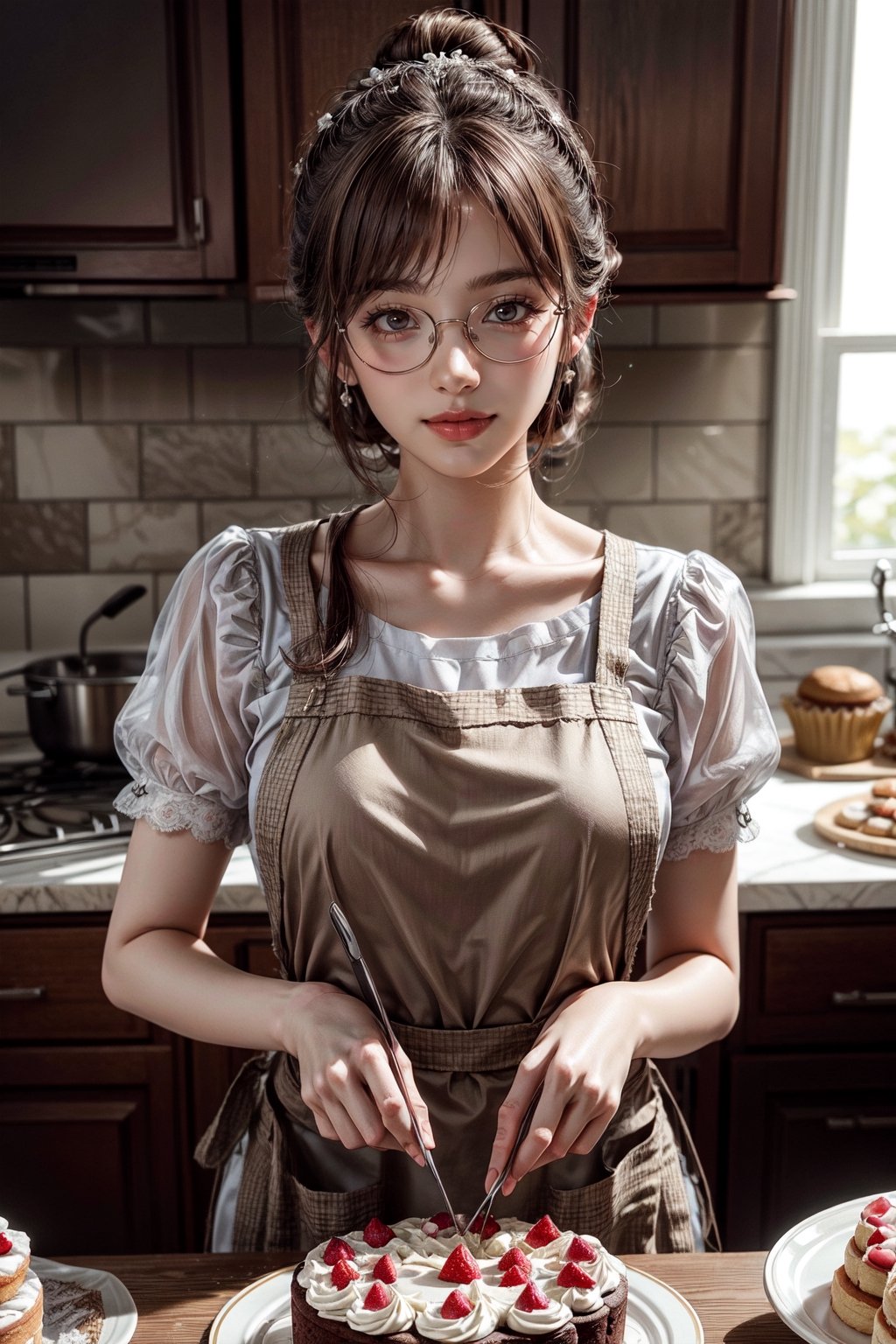 Beautiful realistic anime girl with long brown hair, pulled up in a bun, glasses, wearing an apron, in the kitchen, baking a beautiful wedding cake, looking at the camera, light smile, 8k masterpiece, ultra realistic, UHD, highly detailed, best quality