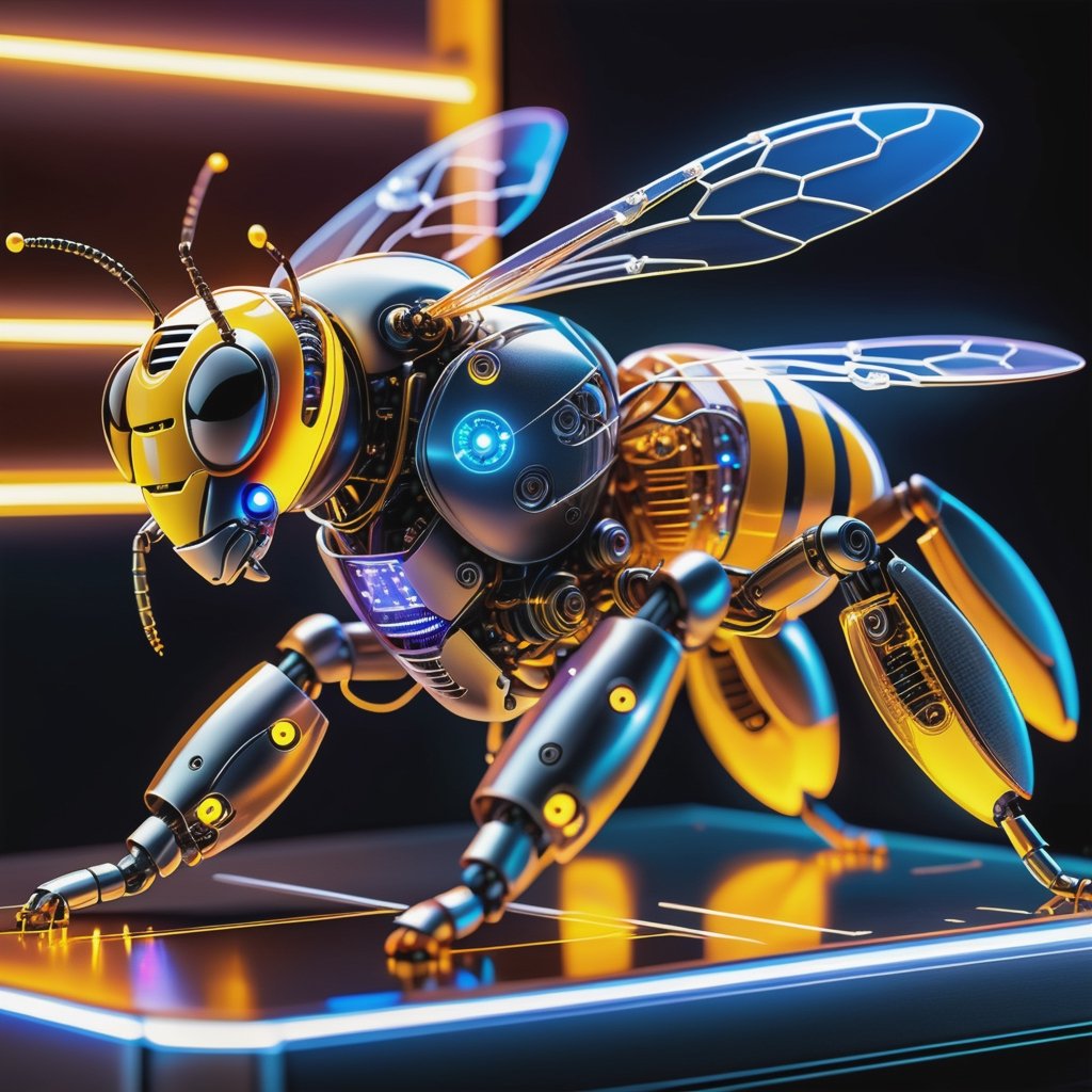 a photograph of a robot cyborg bee on the neon light strip of circuit electronic table, the armored machine parts equipped in transparent body, bright circuits design on the body, body parts connected by steel and circuit, cyborg adaptation, side view, realistic, ultra detailed