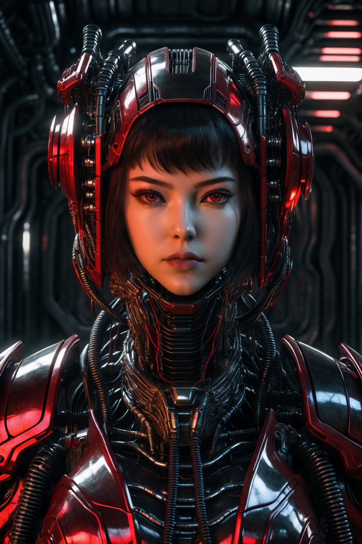 A girl, transhumanism cyborg, red and black armored head, shiny armor, giger, wires, mechanical ribs, realistic, fujifilm, 8k, HDR