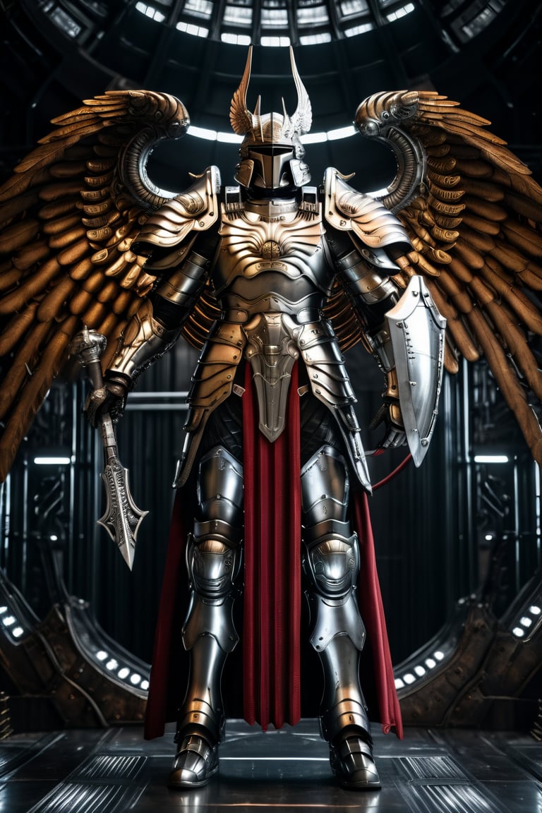 Archangel Michael, standing, armored_dress, metal shield in his hand, shiny armor, giger, wires, mechanical ribs, realistic, fujifilm, 8k, HDR