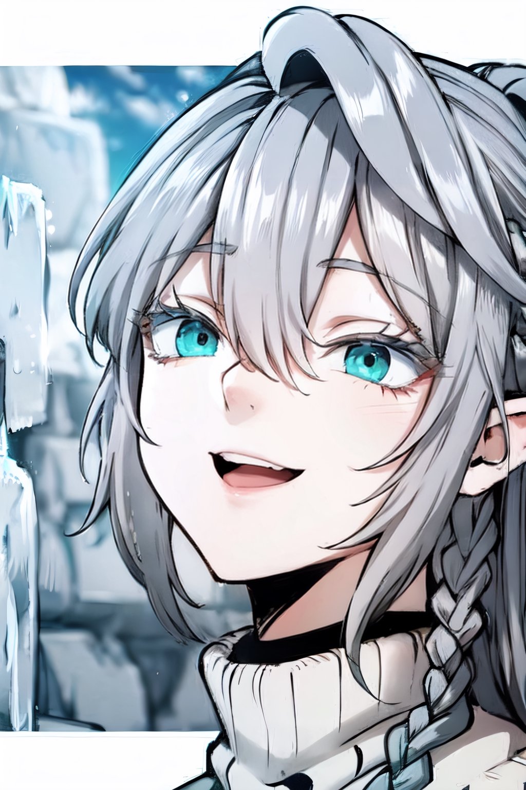 hyperdetailed face, 8k and, airbrushed, icy white hair, happy, sweater dress