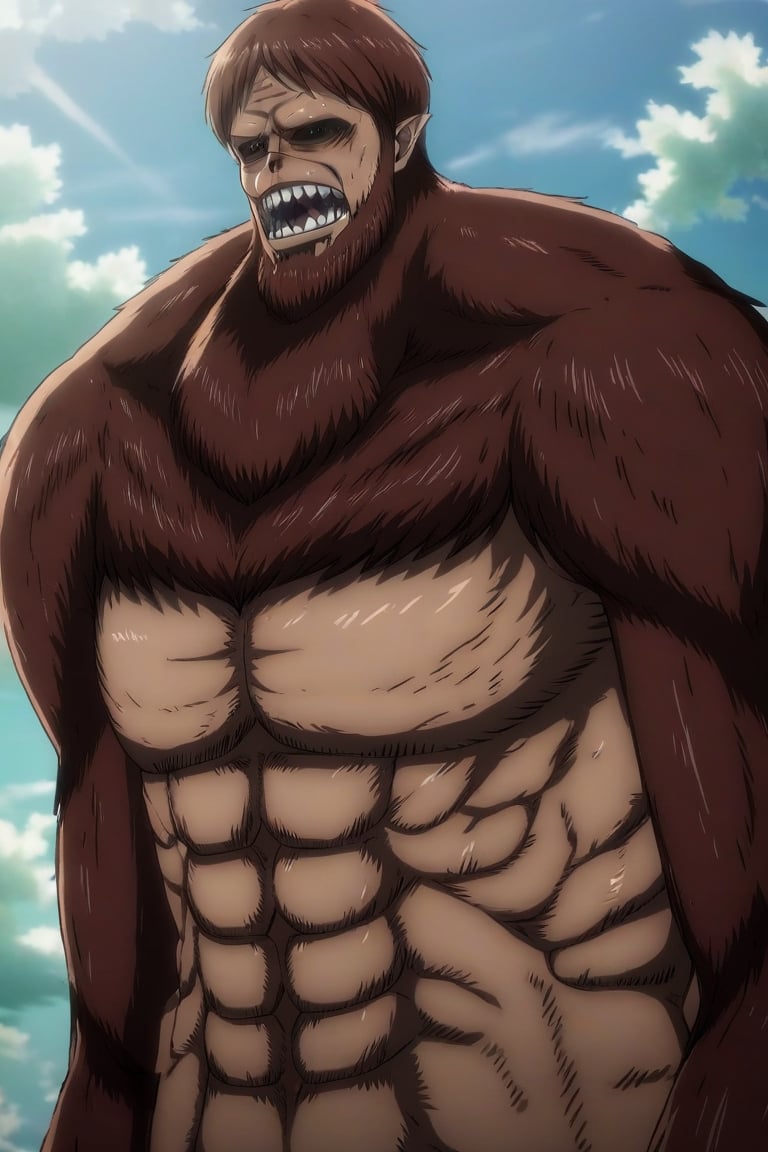 beasttitan, 1boy, solo, male focus, teeth, sky, muscular, cloud, abs, sharp teeth, outdoors