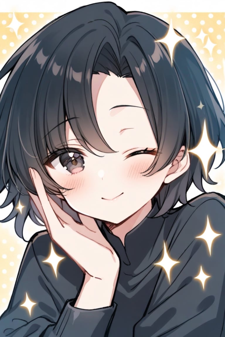 batasensei, one eye closed, long sleeves, sparkle, portrait, black pants, closed mouth