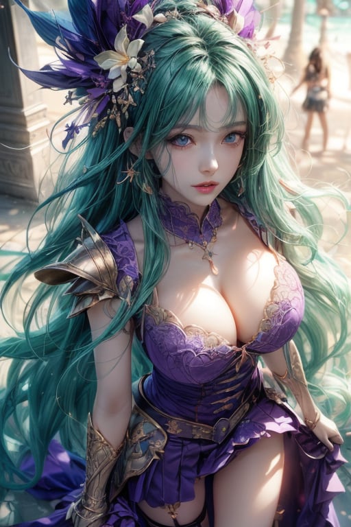 masterpiece, best quality, ultra detailed, cute, beautiful, 1 girl, Detailedface, petite, big_breast, Close-up view. (dynamic pose), armor, skirt, hentai style, half purple (top) and half green hair (bottom), blue purple eyes, cute_eyes, detailed tropical city, (high detailed skin:1.2),8K UHD,dslr,soft lighting,high quality,film grain, Fujifilm XT3,