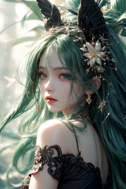 masterpiece, best quality, ultra detailed, cute, beautiful, 1 girl, Detailedface, petite, big_breasts, Close-up view. (dynamic pose), (random pose), black vintage dress, half black (top) and half green hair (bottom), blue orange eyes, cute_eyes, detailed pine forest, (high detailed skin:1.2),8K UHD,dslr,soft lighting,high quality,film grain, Fujifilm XT3,1 girl, yuzu,