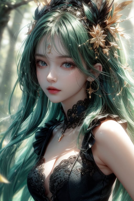 masterpiece, best quality, ultra detailed, cute, beautiful, 1 girl, Detailedface, petite, big_breasts, Close-up view. (dynamic pose), (random pose), black vintage dress, half black (top) and half green hair (bottom), blue orange eyes, cute_eyes, detailed pine forest, (high detailed skin:1.2),8K UHD,dslr,soft lighting,high quality,film grain, Fujifilm XT3,1 girl, yuzu,