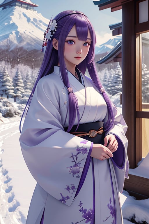 masterpiece, illustration, best quality, ultra detailed, vray rendering, unreal engine, cute, beautiful, 1girl, snow, japan mountain, white japanese_clothing, long_hair, purple_hair, purple_eyes, fantasy