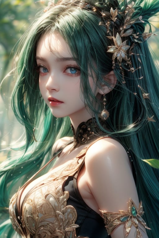 masterpiece, best quality, ultra detailed, cute, beautiful, 1 girl, Detailedface, petite, big_breasts, Close-up view. (dynamic pose), (random pose), half black (top) and half green hair (bottom), blue orange eyes, cute_eyes, black vintage dress, detailed pine forest, (high detailed skin:1.2),8K UHD,dslr,soft lighting,high quality,film grain, Fujifilm XT3,1 girl, yuzu,