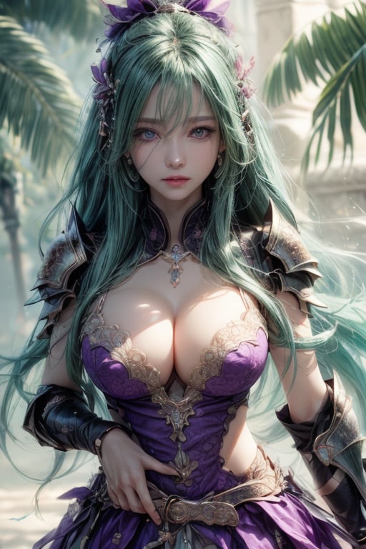 masterpiece, best quality, ultra detailed, cute, beautiful, 1 girl, Detailedface, petite, big_breast, Close-up view. (dynamic pose), female_ninja, armor, skirt, hentai style, half purple (top) and half green hair (bottom), blue purple eyes, cute_eyes, detailed tropical city, (high detailed skin:1.2),8K UHD,dslr,soft lighting,high quality,film grain, Fujifilm XT3,