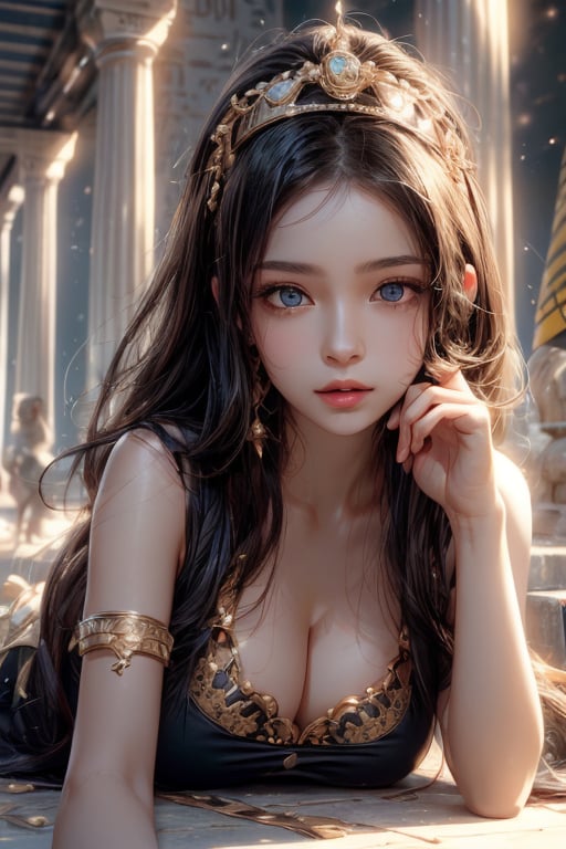 masterpiece, best quality, ultra detailed, cute, beautiful, 1 girl, Detailedface, petite, big_breasts, Close-up view. (dynamic pose), (random pose), egyptian clothing, half yellow (top) and half black hair (bottom), blue orange eyes, cute_eyes, detailed egypt temple, (high detailed skin:1.2),8K UHD,dslr,soft lighting,high quality,film grain, Fujifilm XT3,1 girl, yuzu,