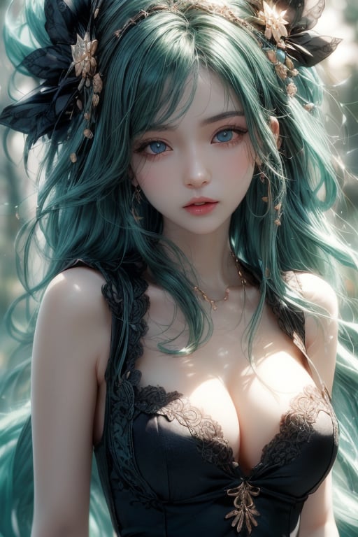 masterpiece, best quality, ultra detailed, cute, beautiful, 1 girl, Detailedface, petite, big_breasts, Close-up view. (dynamic pose), (random pose), black vintage dress, half black (top) and half green hair (bottom), blue orange eyes, cute_eyes, detailed pine forest, (high detailed skin:1.2),8K UHD,dslr,soft lighting,high quality,film grain, Fujifilm XT3,1 girl, yuzu,