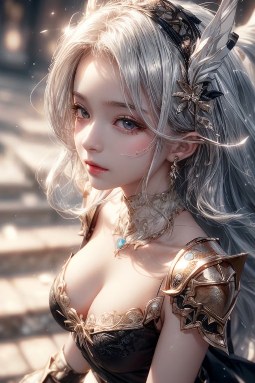 masterpiece, best quality, ultra detailed, cute, beautiful, 1 girl, Detailedface, petite, big_breasts, Close-up view. (dynamic pose), detailed dress, armor, skirt, hentai style, half black (top) and half white hair (bottom), silver bronze eyes, cute_eyes, detailed snowy castle, (high detailed skin:1.2),8K UHD,dslr,soft lighting,high quality,film grain, Fujifilm XT3,1 girl,yuzu