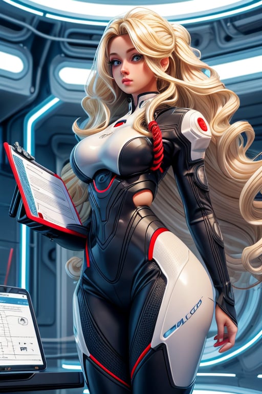 illustration, best quality, ultra detailed, cute, beautiful, 1girl, curvy_hips, holding_clipboard, white_futuristic_clothing, wavy_hair, blonde_hair, red_eyes, fantasy, futuristic_laboratory, electric_cables, 3DMM,