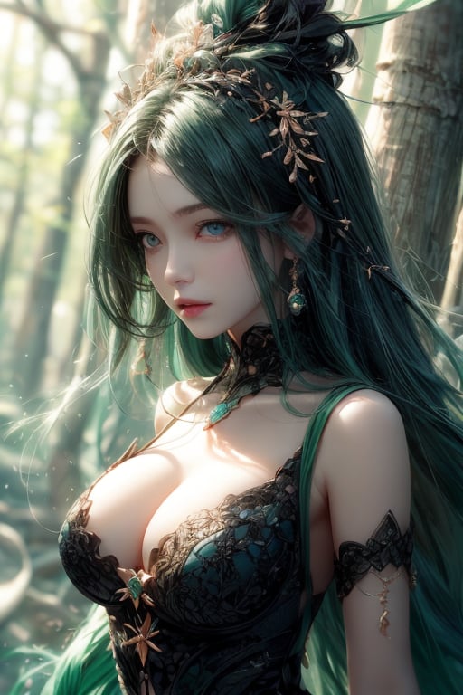 masterpiece, best quality, ultra detailed, cute, beautiful, 1 girl, Detailedface, petite, big_breasts, Close-up view. (dynamic pose), (random pose), half black (top) and half green hair (bottom), blue orange eyes, cute_eyes, black witch dress, detailed pine forest, (high detailed skin:1.2),8K UHD,dslr,soft lighting,high quality,film grain, Fujifilm XT3,1 girl, yuzu,